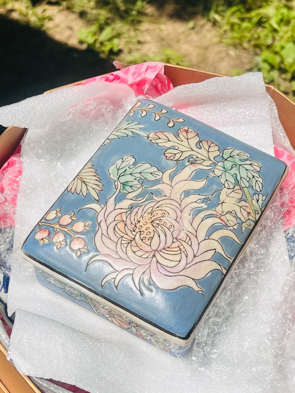 Floral Blue Ceramic Trinket Box